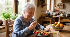 Alimentación saludable para personas mayores: mujer anciana disfrutando una comida equilibrada