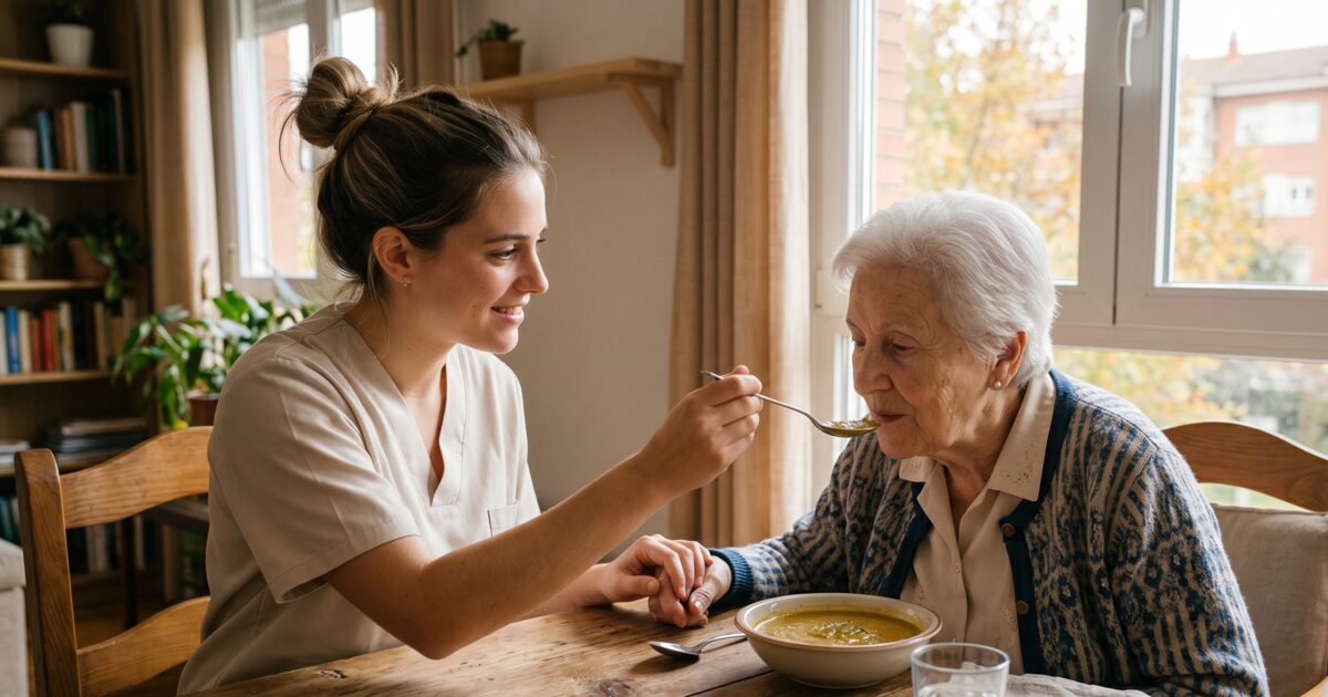 Asistencia en alimentación a personas mayores: cuidadora dando de comer a anciana