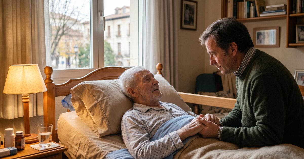 Cuidados paliativos domiciliarios: familiar acompañando a persona mayor en su hogar