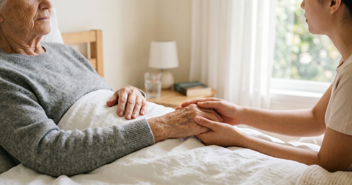 Cuidados paliativos a personas mayores: cuidadora acompañando con afecto a paciente
