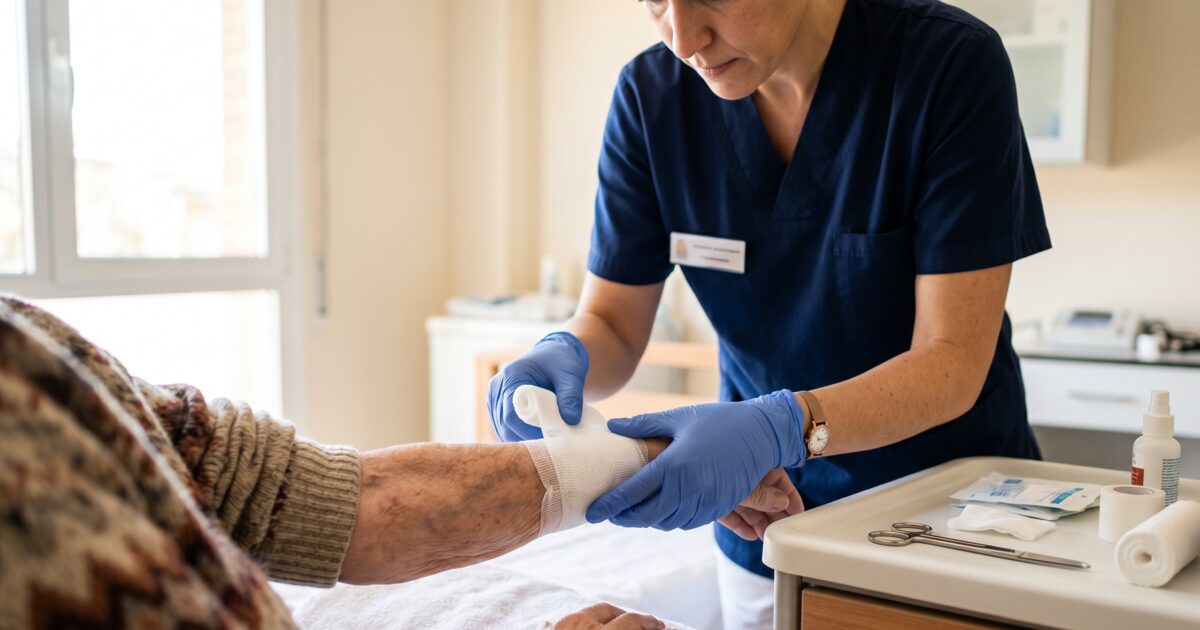 Cura de heridas en personas mayores: enfermera aplicando vendaje estéril