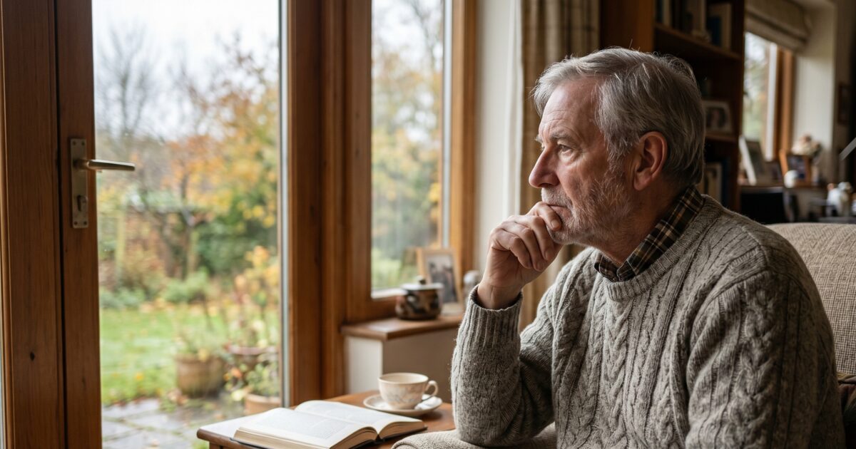 Depresión en personas mayores: hombre anciano mirando por la ventana con expresión melancólica