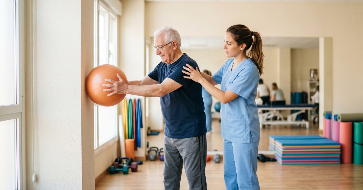 Fisioterapia para personas mayores: ejercicios de rehabilitación geriátrica con pelota
