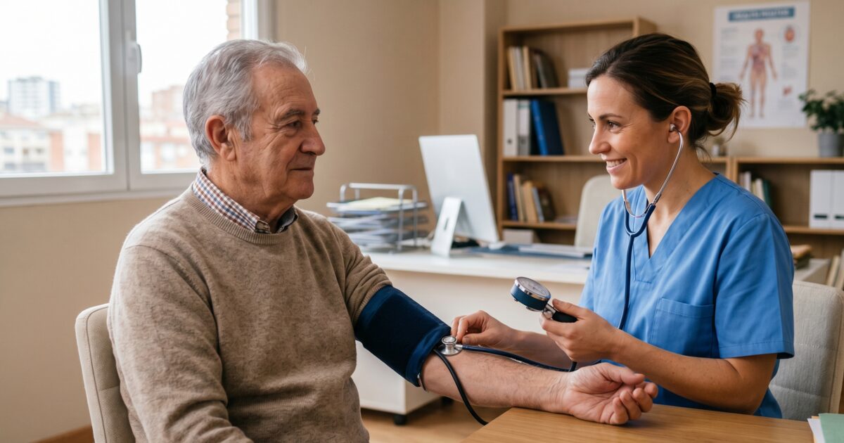 Control de hipertensión en mayores: medición de presión arterial a paciente anciano