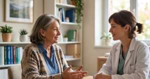 Incontinencia urinaria en personas mayores: paciente consultando con doctora