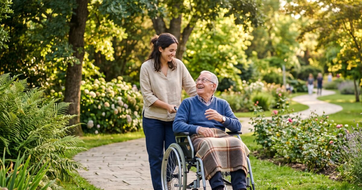 Cuidado de personas en situación de dependencia: cuidadora asistiendo a anciano en silla de ruedas