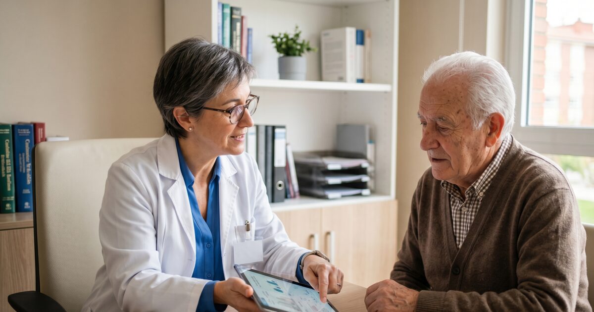 Pruebas médicas en personas mayores: doctor explicando resultados a paciente anciano
