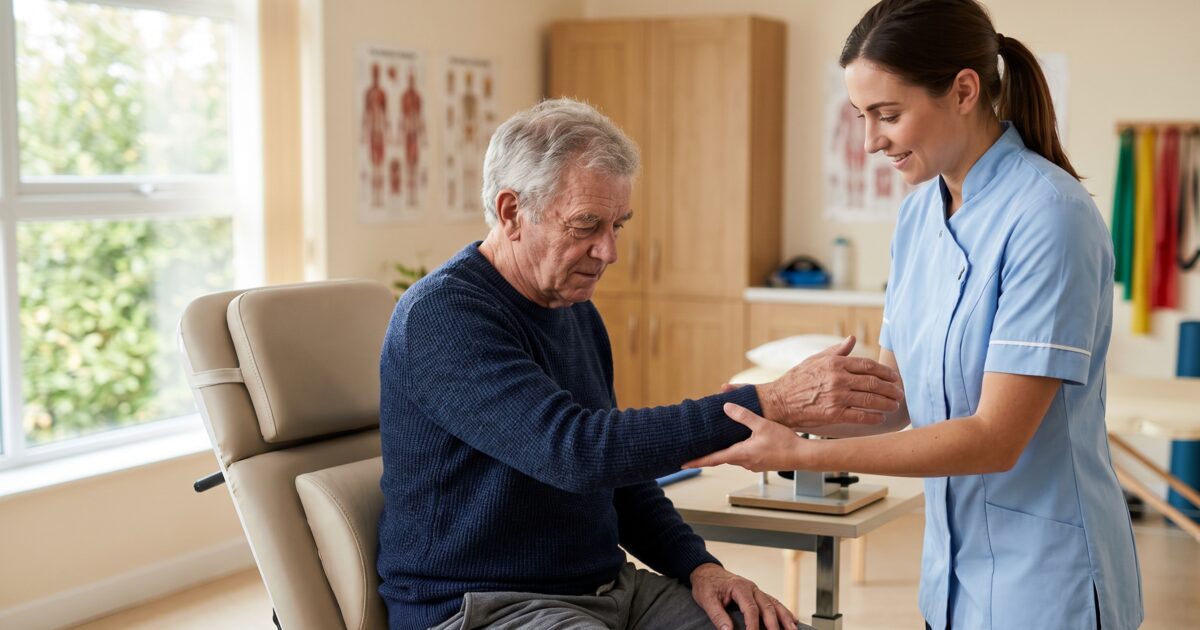 Recuperación de ictus en personas mayores: paciente en sesión de rehabilitación neurológica