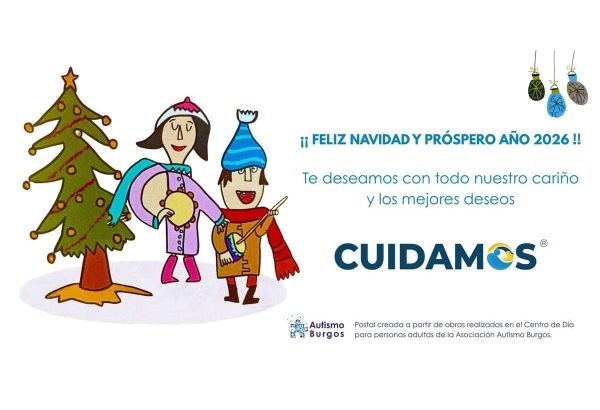 Postal de Navidad 2025 de Autismo Burgos para felicitar el ano de Cuidamos Mundi